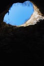 view from the cave to the blue sky. a natural well on slope of Mount.