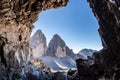 View from a cave on two of the three peaks / Tre Cime