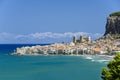 View of Cefalu with beach and castle Royalty Free Stock Photo