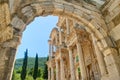 View of celsus library facade in Ephesus through arch Royalty Free Stock Photo
