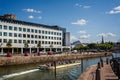 View of central Gothenburg with tour boat on the canal in Gothenburg, Sweden