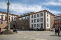 View at central piazza on Viseu Downtown with the lateral facade of the Cathedral of Viseu, architectural renaissance icon of the