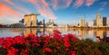 View of central Singapore: Marina Bay Sands hotel, Flyer wheel, ArtScience museum and Supergrove Royalty Free Stock Photo