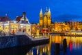 View from central station to Basilica of Saint Nicholas, Amsterdam, Netherlands, at night Royalty Free Stock Photo