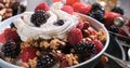 View of cereals with berries, dry fruits, milk and whipped cream Royalty Free Stock Photo