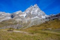 View of Cervino Mount Matterhorn from the cableway station of Plan Maison, above the mountain tourist town of Breuil-Cervinia at