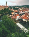 View of Cesky Krumlov Castle from promenade to castel garden