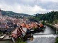 View of Cesky Krumlov old town from the cloak Bridge over the castle Moat with Vltava River Weir in the foreground Royalty Free Stock Photo