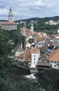 View of Cesky Krumlov with the round painted tower of its Castle and the church of St. Jost. Cesky Krumlov is one of the most Royalty Free Stock Photo