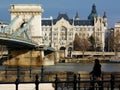 View of the Chain Bridge in Budapest under blue sky