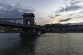 View of the Chain Bridge at dusk from the Pest riverbank, Budapest, Hungary Royalty Free Stock Photo