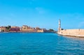 The view of Chania harbor with Firkas Fortress rampart and Venetian lighthouse, Crete, Greece