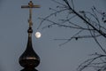 View of the Chapel of Alexander Nevsky and the Moon in Palekh, Ivanovo region