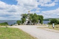 View of the chapel of Constantine and Helena and the Volga river, photo taken on a sunny summer day