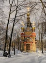 Chapel and tomb of the Paskevich family. Gomel palace and park ensemble. Winter. Sunset. Belarus Royalty Free Stock Photo