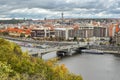 View on Charles Bridge, boats on Vltava river, Intercontinental hotel, Prague Czech Republic