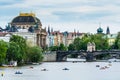 View from Charles Bridge, The  clorful buildings along the bank of Vltava river with National Theatre in Prague city,  the Vltava Royalty Free Stock Photo