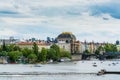 View from Charles Bridge, The  clorful buildings along the bank of Vltava river with National Theatre in Prague city,  the Vltava Royalty Free Stock Photo