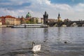 View of Charles bridge and historical center of Prague, buildings and landmarks of old town. Swan in the foreground on the river V Royalty Free Stock Photo