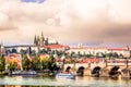View on Charles Bridge over Vltava and cityscape in Praha