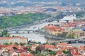 view of Charles Bridge over Vltava river and Old city from Petrin hill Observation Tower. Royalty Free Stock Photo