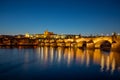 View on Charles Bridge and Prague Castle over Vltava River during early night with wonderful blue sky and yellow city Royalty Free Stock Photo