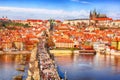 View of Charles Bridge, Prague Castle and Vltava river in Prague, Czech Republic from above. Nice sunny summer day with blue sky