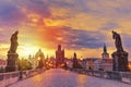 View of Charles Bridge in Prague during sunset, Czech Republic. The world famous Prague landmark.