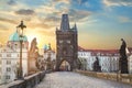 View of Charles Bridge in Prague during sunset, Czech Republic. The world famous Prague landmark.