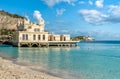 View of Charleston, the Mondello beach establishment on the sea in Palermo, Sicily. Royalty Free Stock Photo