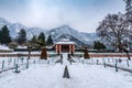 View of chashma shahi in winter season, Chashme Shahi is one of the Mughal gardens built in 1632 AD, srinagar, kashmir, India