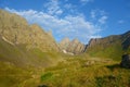 View on Chaukhi mountain pass from Abudelauri Green Lake in Caucasus mountains, Georgia