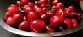 View of cherries in a silver bowl. Fruit background Royalty Free Stock Photo
