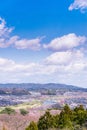 View of Cherry Blossom or Hitome Senbon Sakura festival at Shiroishi riverside and city, Funaoka Castle Ruin