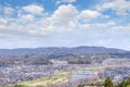 View of Cherry Blossom or Hitome Senbon Sakura festival at Shiroishi riverside and city, Funaoka Castle Ruin