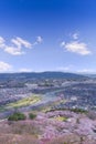 View of Cherry Blossom or Hitome Senbon Sakura festival at Shiroishi riverside and city, Funaoka Castle Ruin Park, Sendai, Miyagi