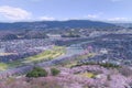 View of Cherry Blossom or Hitome Senbon Sakura festival at Shiroishi riverside and city, Funaoka Castle Ruin Park, Sendai, Miyagi