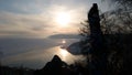 View from Chersky stone in Listvyanka at sunset over lake Baikal and the Angara river Royalty Free Stock Photo