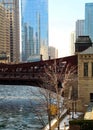 View of a Chicago bridge and bridgehouse on an ice chunk covered, frozen Chicago River. Royalty Free Stock Photo