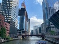 View of Chicago River looking south as tour boats pass restaurants and construction site Royalty Free Stock Photo
