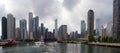 View of the Chicago River between the skyscrapers of the city of Chicago, Illinois, United States Royalty Free Stock Photo