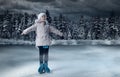 Child figure skater on winter lake  background Royalty Free Stock Photo