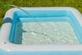 View of children`s swimming pool being filled with water from garden hose for swimming on warm summer day. Royalty Free Stock Photo