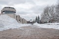 View of the children's theater of Natalya Sats against the backdrop of snow.