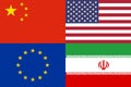 View of China, USA, EU, and Iran flags together - a political commercial financial, partnership