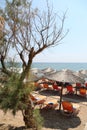 Chios Island, beach with sunbeds in Greece