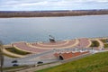 View of Chkalov staircase, boat Volga Flotilla Hero. and Volga River, Nizhny Novgorod, Russia