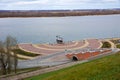 View of Chkalov staircase, boat Volga Flotilla Hero. and Volga River, Nizhny Novgorod, Russia