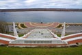 View of Chkalov staircase, boat Volga Flotilla and Volga River, Nizhny Novgorod, Russia