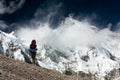 View of Cho Oyu with trekker Royalty Free Stock Photo
